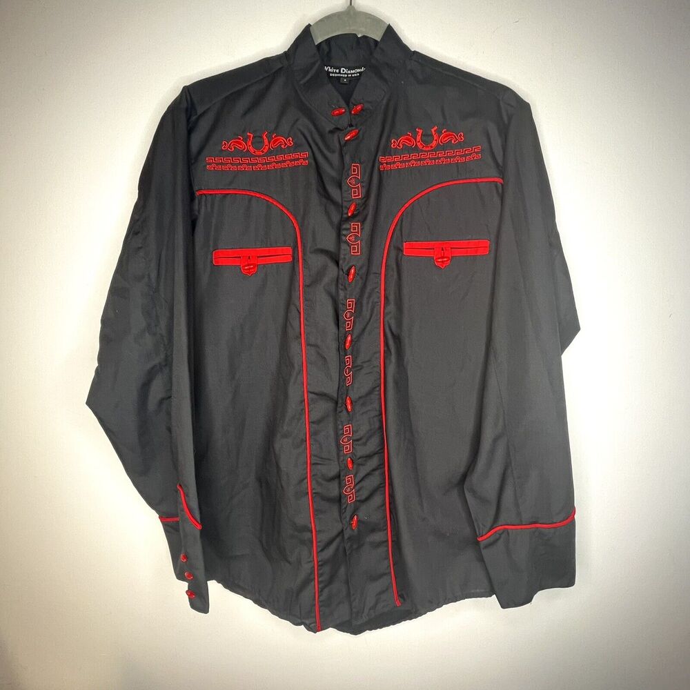 White Diamonds Black Red Western Horseshoe Button Down Shirt size small